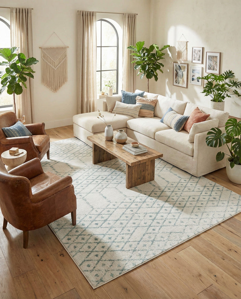 Marrakesh Lattice Collection Area Rug - Casablanca (Ivory Aqua) Rectangle Ivory Aqua  lifestyle 20