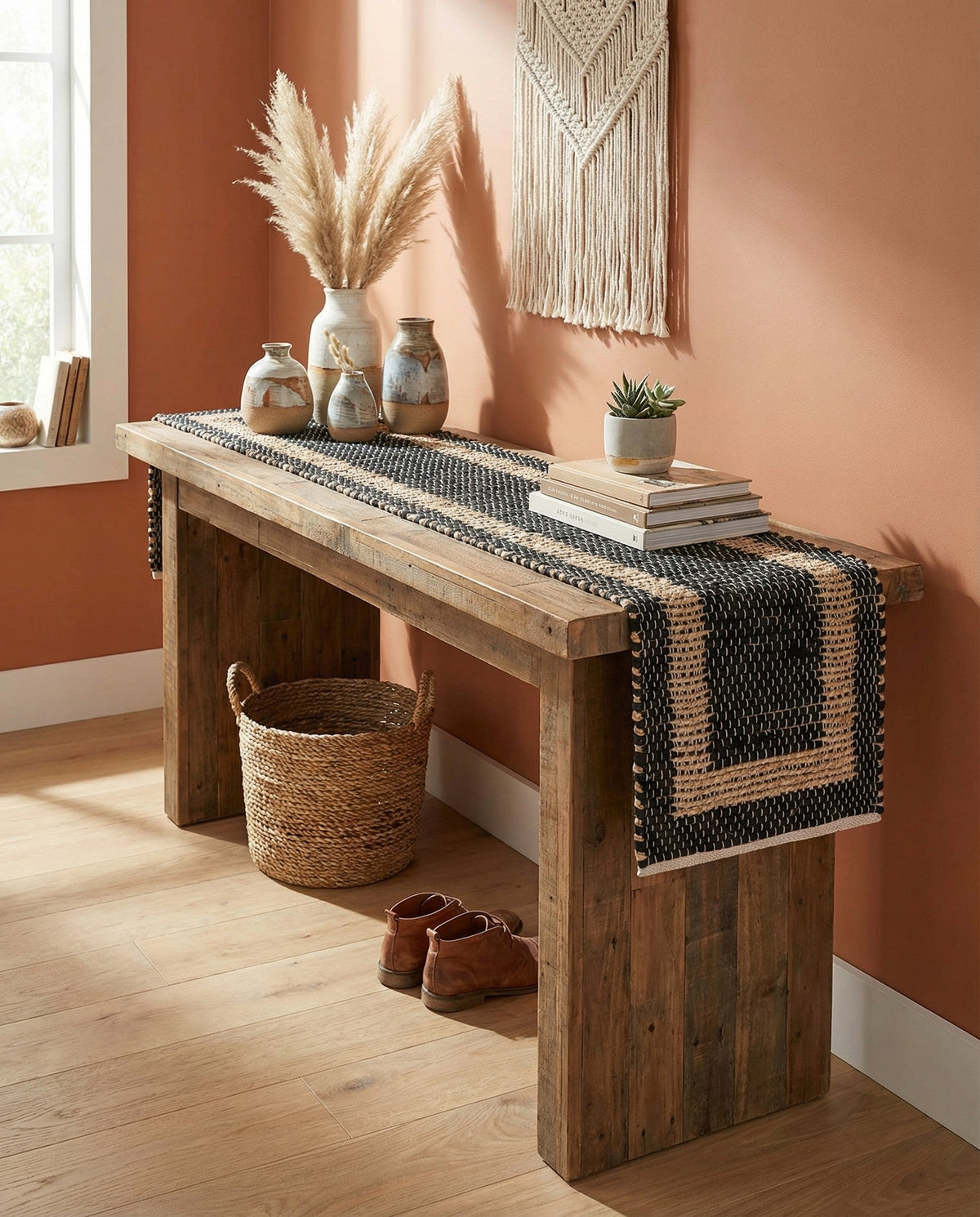 Osian Looms Collection Area Rug - Durham Table Runner Black  lifestyle 195