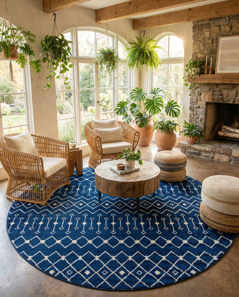 Mediterranean Lattice Collection Area Rug - Santorini (Navy Blue) Round Navy Blue  lifestyle 74