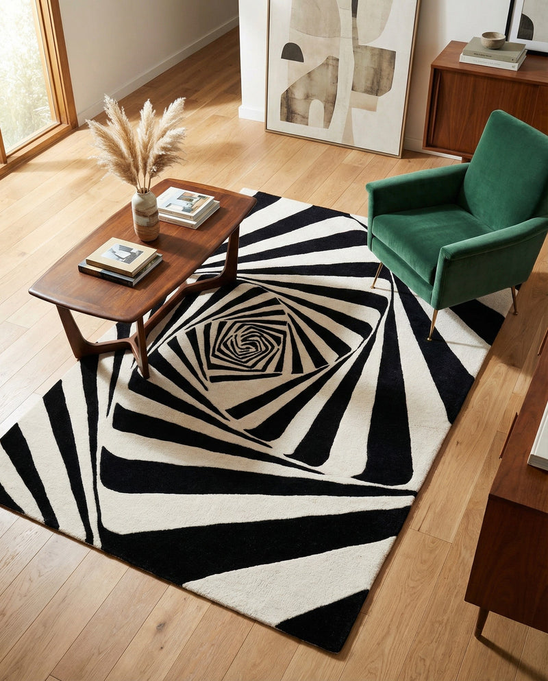 Cyclone Wool Collection Area Rug -  Twister Rectangle Black and White  lifestyle 7
