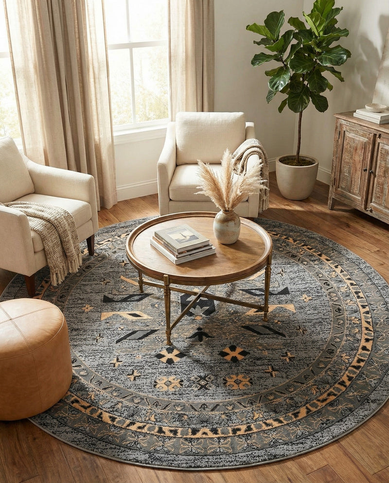 Tabriz Tapestries Collection Area Rug - Azerbaijan (Gray) Round Gray  lifestyle 33