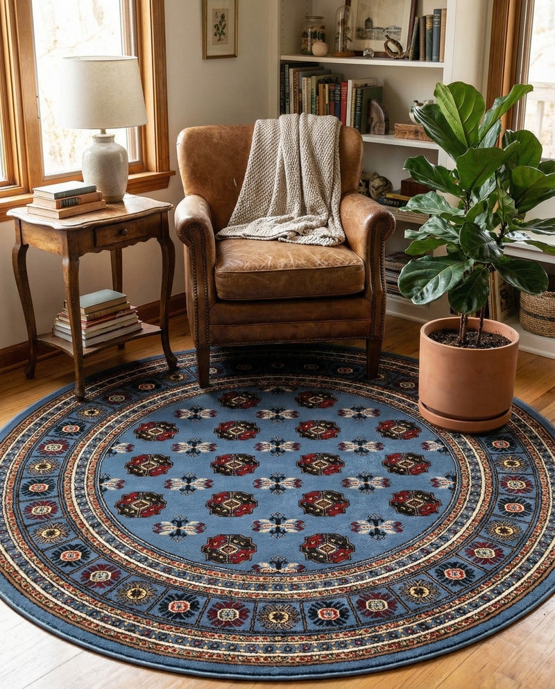 Samarkand Elegance Collection Area Rug -  Margilan (Blue) Round Blue  lifestyle 41