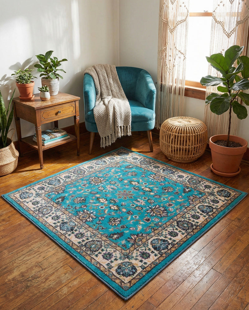 Casablanca Tapestry Collection Area Rug -  Marrakech (Arctic Aqua Blue) Square Arctic Aqua Blue  lifestyle 27