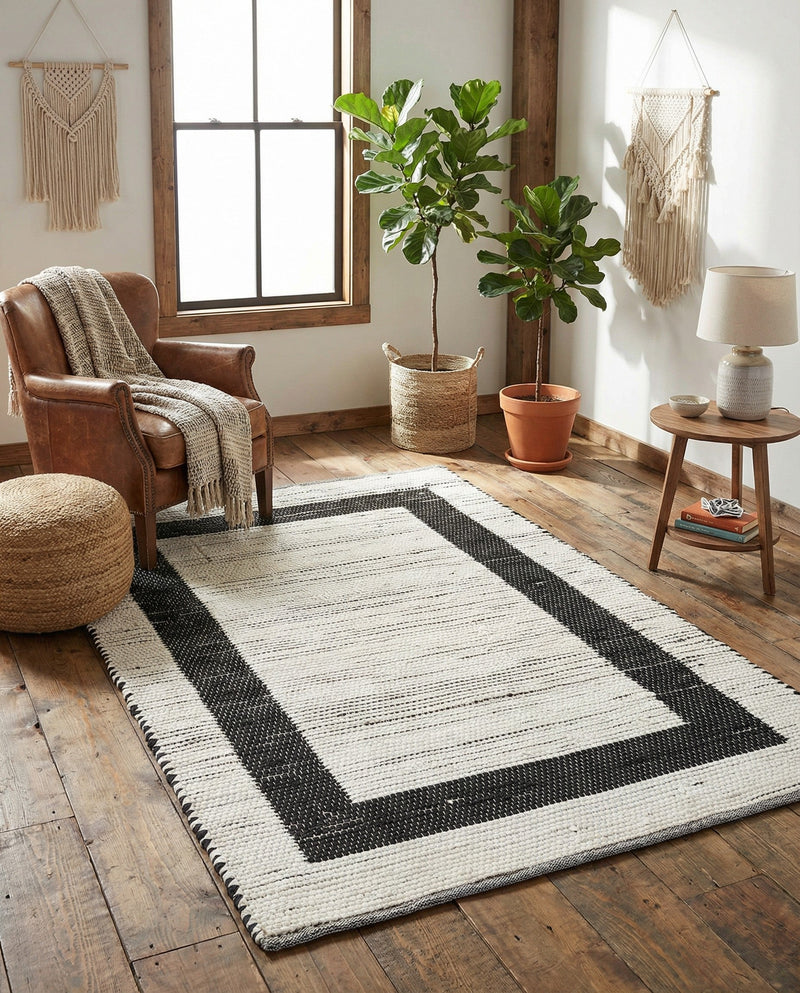 Osian Looms Collection Area Rug - Durham Rectangle White and Black  lifestyle 68