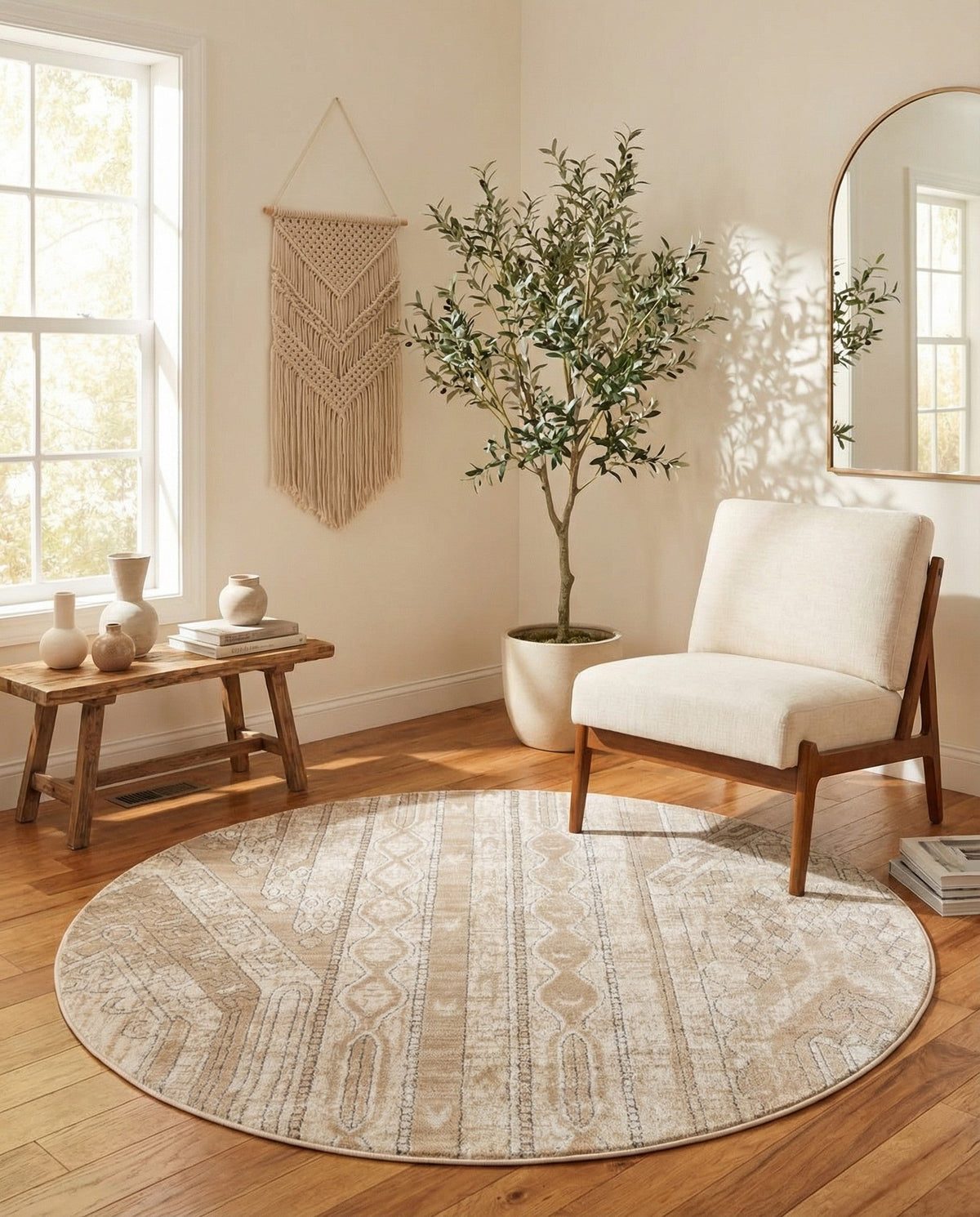 Cascade Range Collection Area Rug - Hood (Ivory) Round Ivory  lifestyle 93