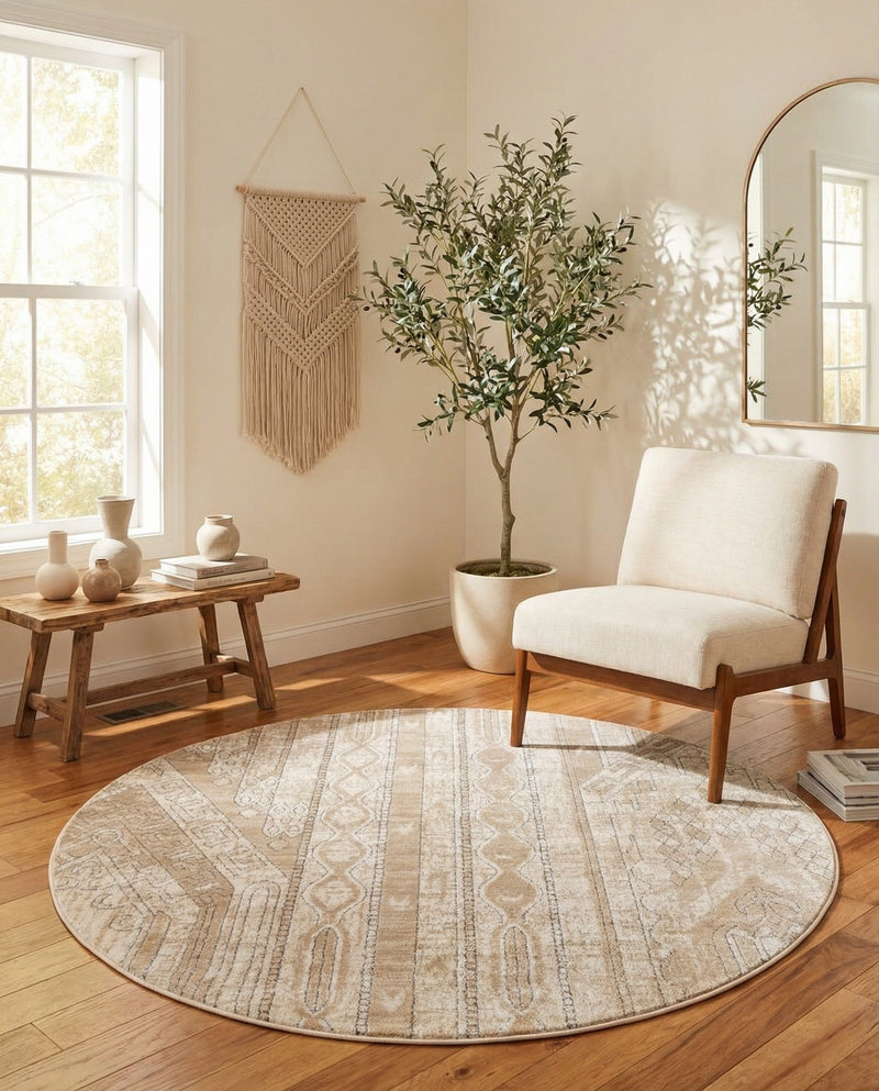 Cascade Range Collection Area Rug - Hood (Ivory) Round Ivory  lifestyle 93