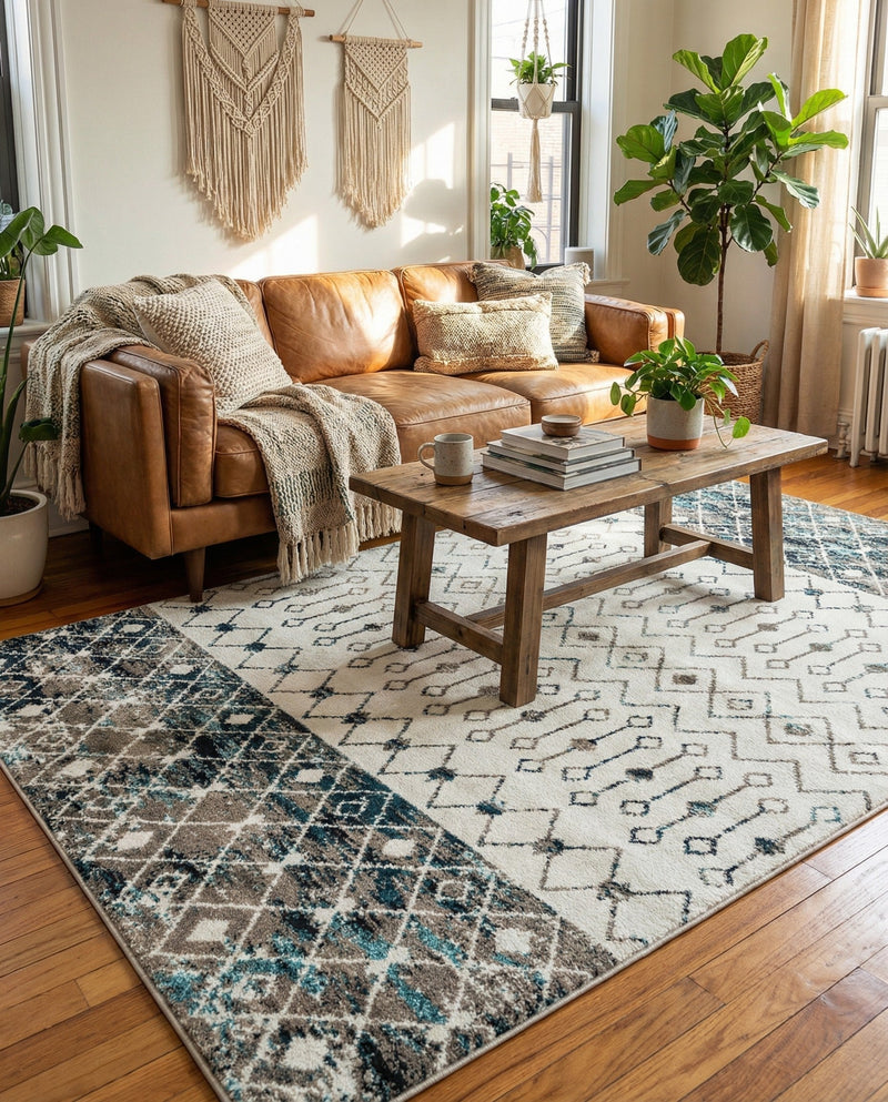 Mediterranean Lattice Collection Area Rug -  Casablanca (Ivory Gray Blue) Rectangle Ivory Gray Blue  lifestyle 12