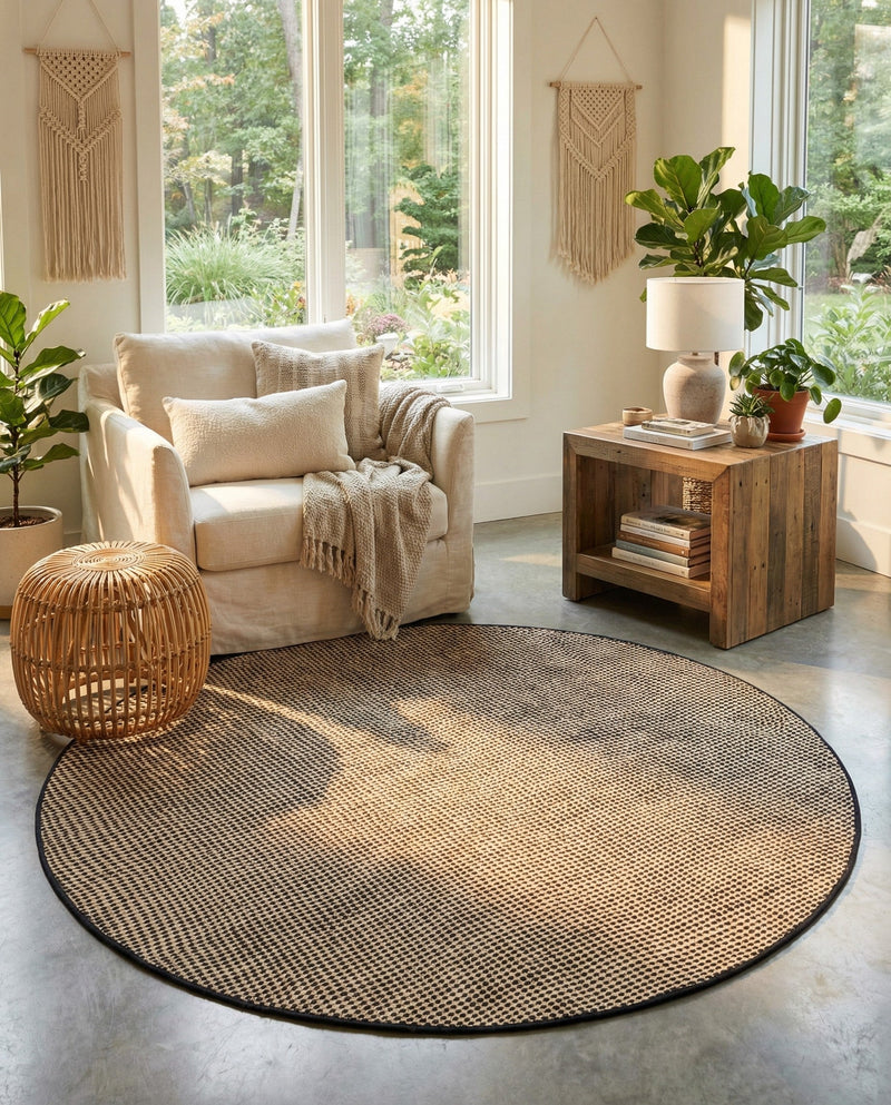 Sequoia Handwoven Jute Collection Area Rug - Aspen Round Black and White  lifestyle 34
