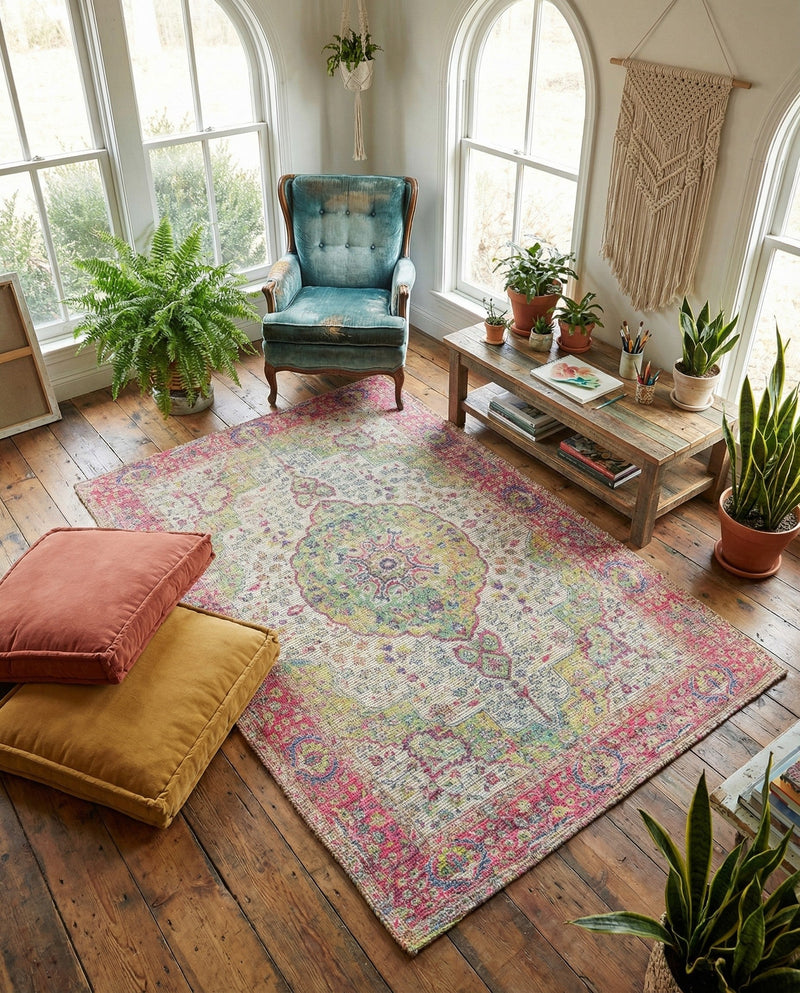 Savannah Threads Collection Area Rug - Charleston Rectangle Ivory Pink  lifestyle 30