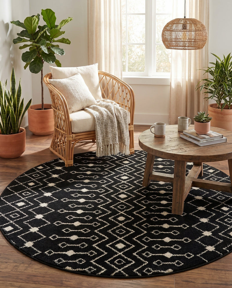 Mediterranean Lattice Collection Area Rug - Santorini (Black and White) Round Black and White  lifestyle 30