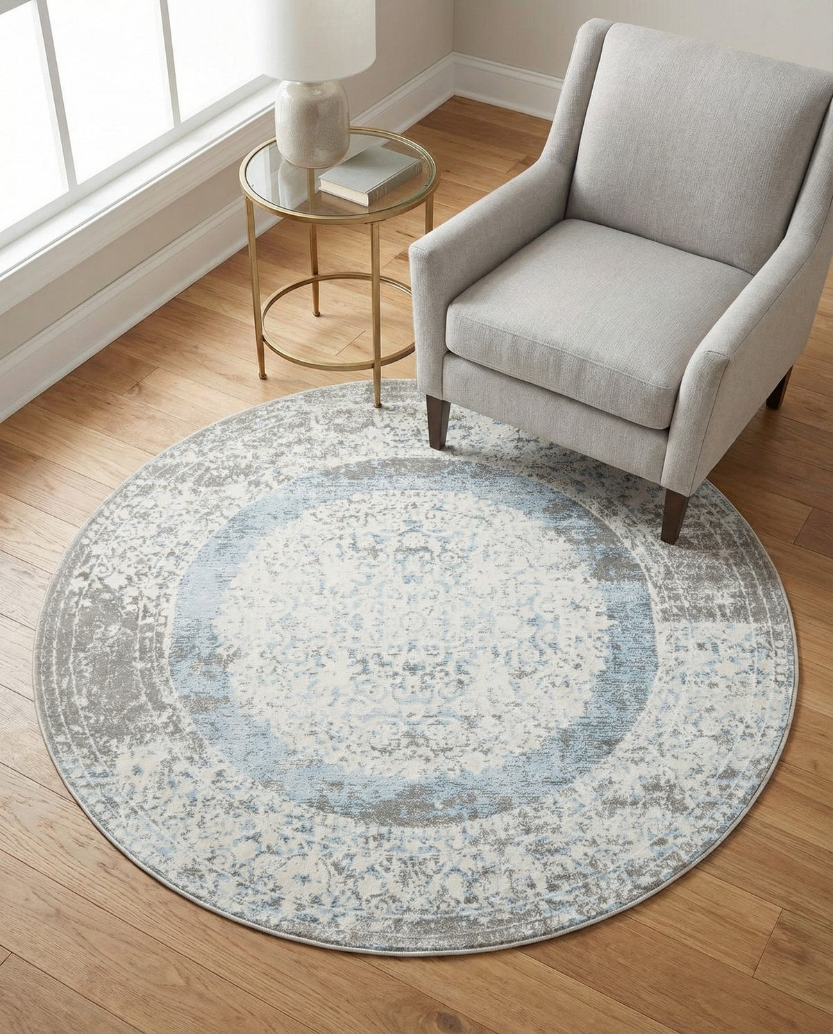 Rustic Charm Revival Collection Area Rug -  Meadowland Round Light Blue  lifestyle 144