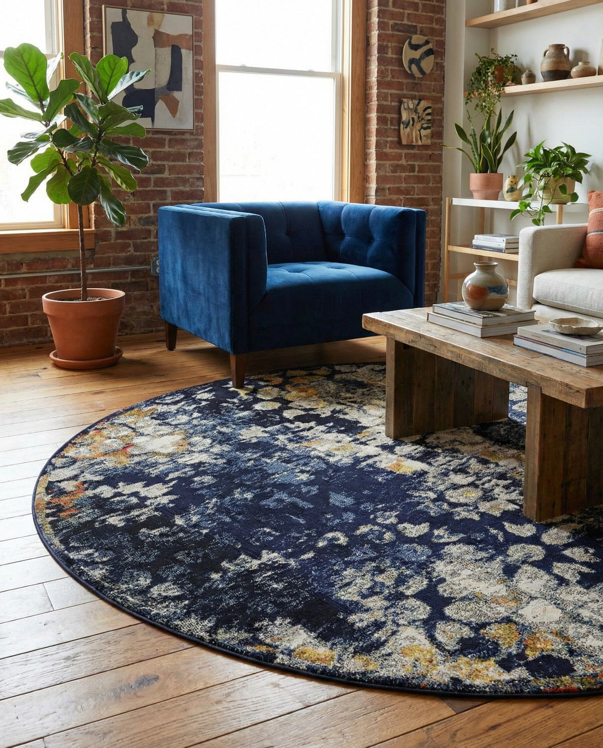 Venetian Tapestry Collection Area Rug - Murano Round Navy Blue  lifestyle 80