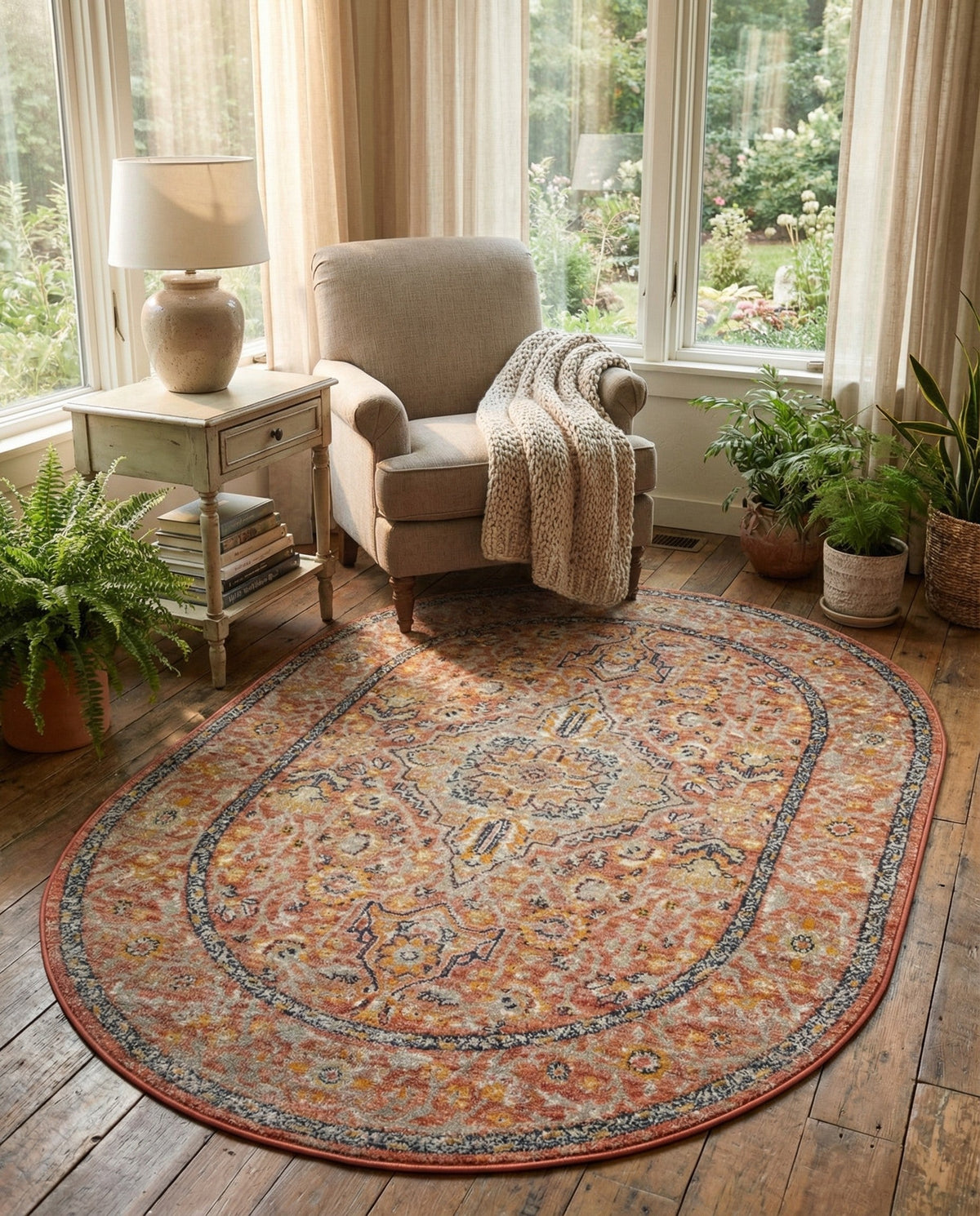 Seville Stripes Collection Area Rug - Cadiz (Brick Red) Oval Brick Red  lifestyle 93