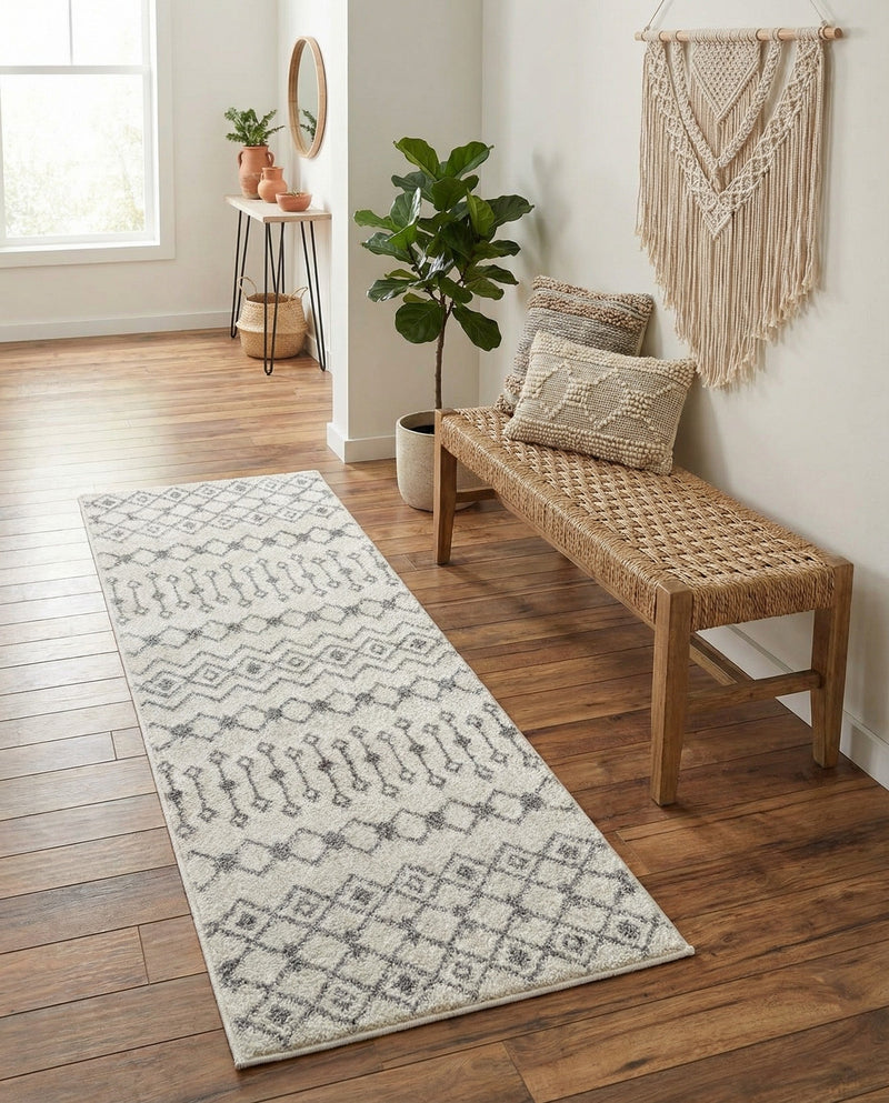 Mediterranean Lattice Collection Area Rug - Santorini (Ivory and Gray) Runner Ivory and Gray  lifestyle 73
