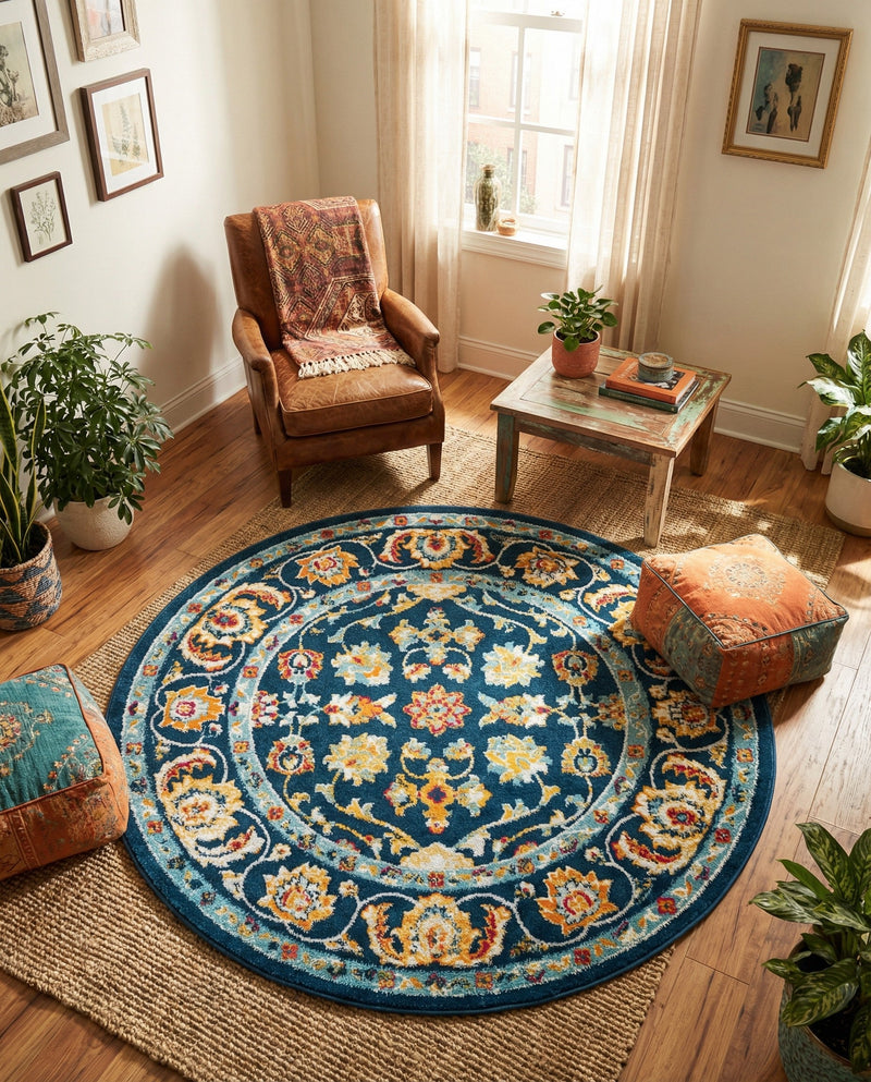 Adriana Terrace Collection Area Rug -  Positano (Navy Blue) Round Navy Blue  lifestyle 55