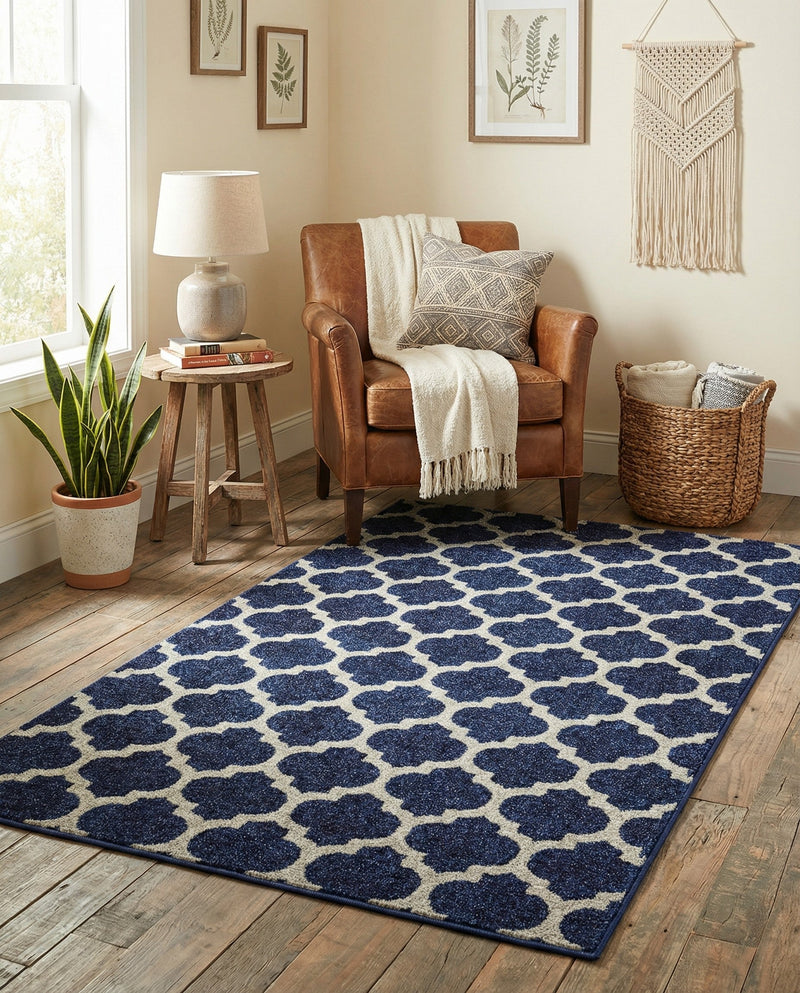 Lattice Gardens Collection Area Rug -  Bloomfield (Dark Blue) Rectangle Dark Blue  lifestyle 5