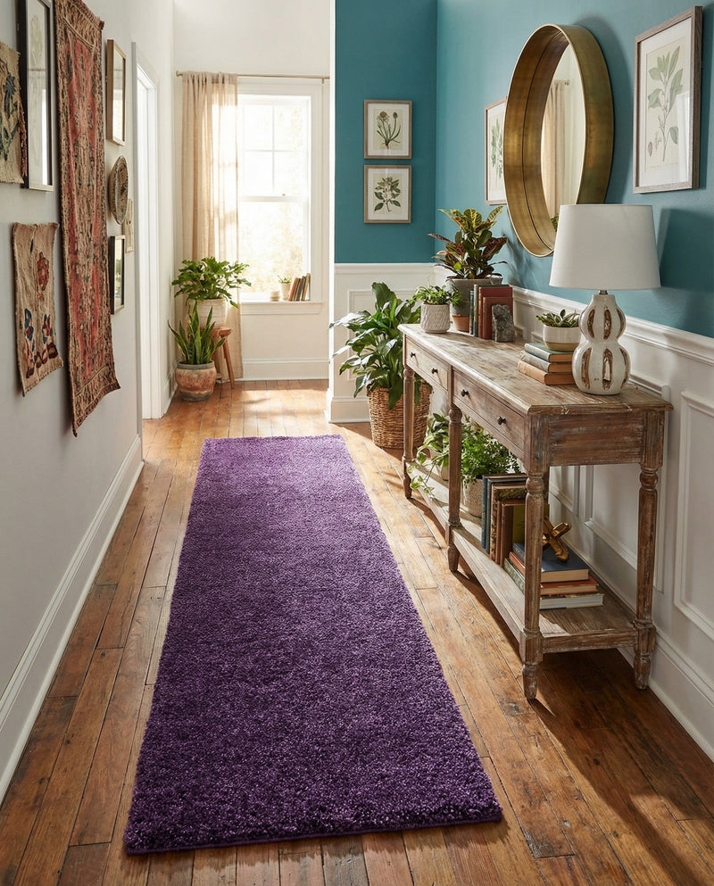 Solid Shag Seaside Collection Area Rug - Azure Cove (Violet) Runner Violet  lifestyle 47