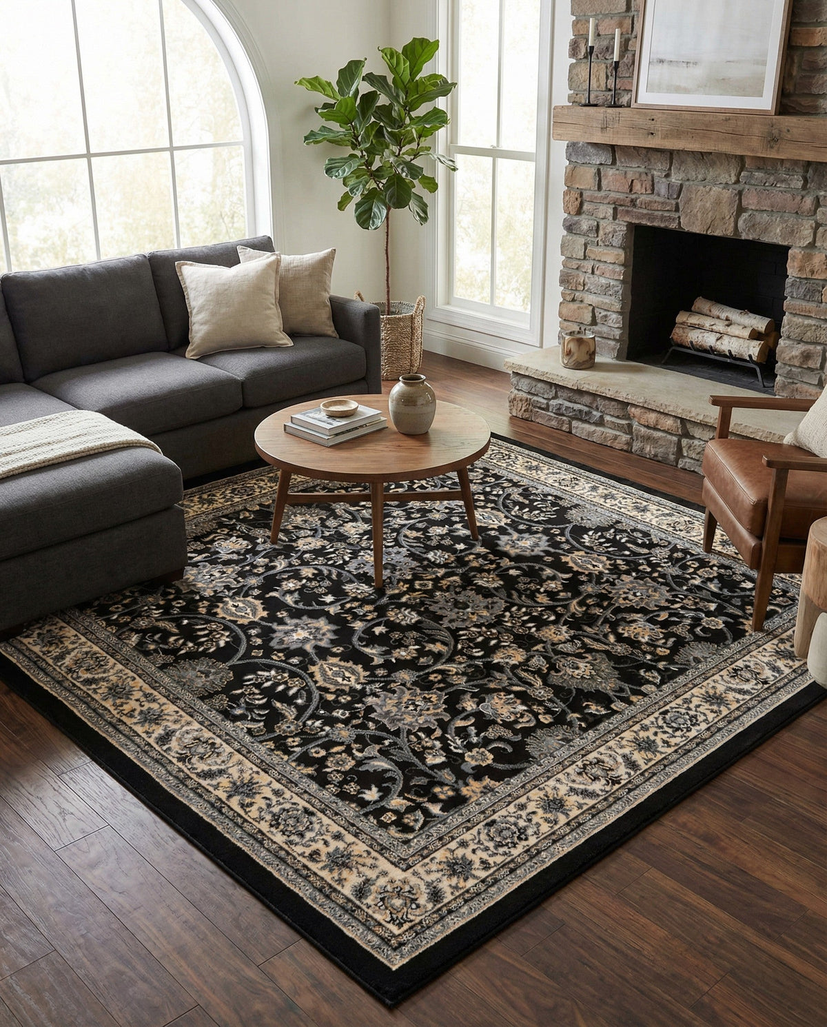 Isfahan Elegance Collection Area Rug - Naghsh-e Jahan (Black) Square Black  lifestyle 134