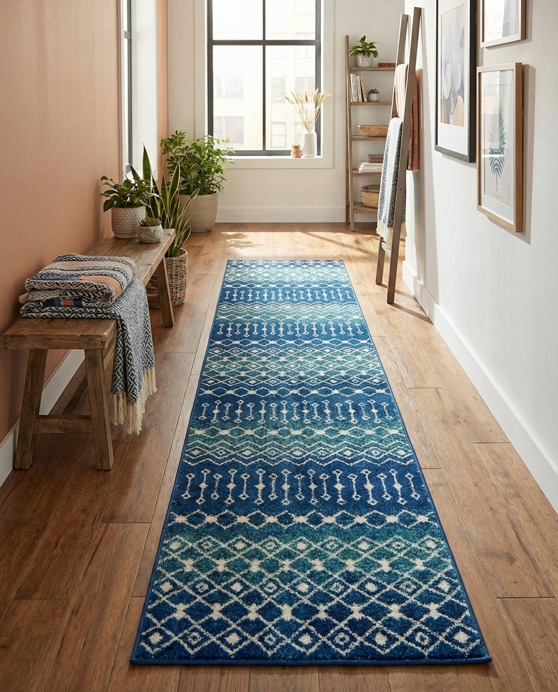 Mediterranean Lattice Collection Area Rug - Santorini (Navy and Teal) Runner Navy and Teal  lifestyle 59