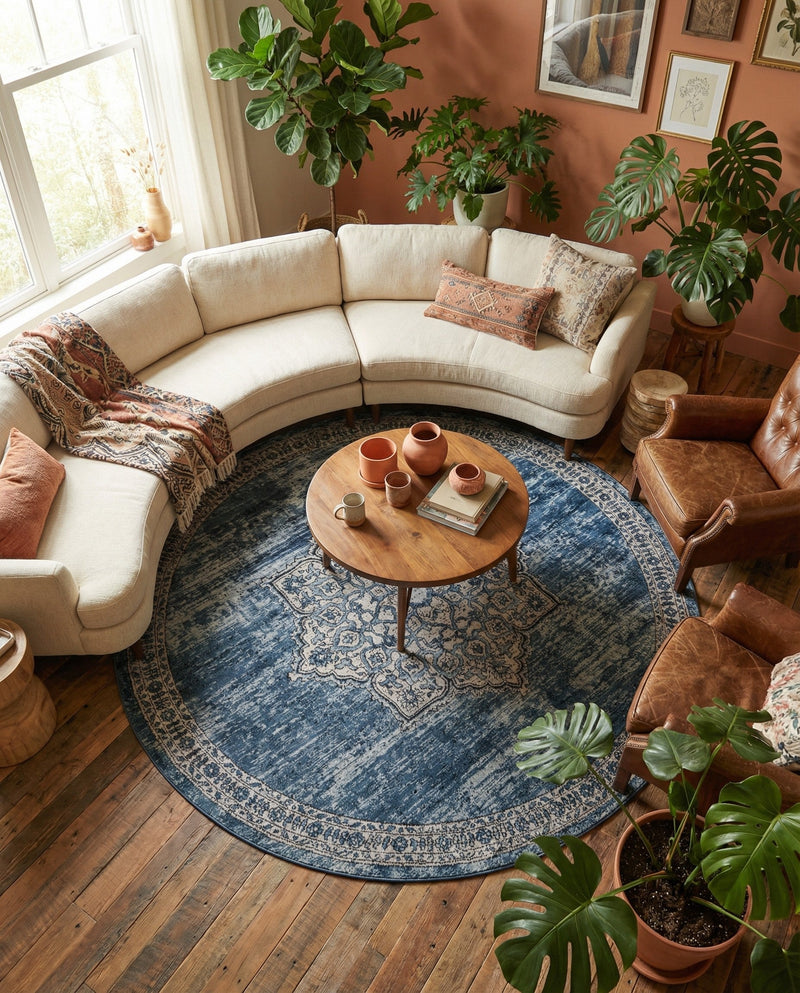 Mykonos Manor Collection Area Rug -  Tinos (Blue) Round Blue  lifestyle 61