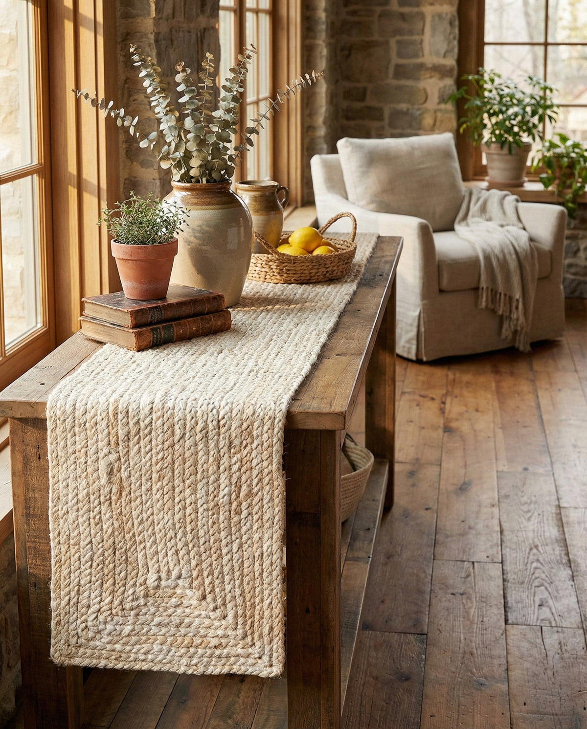 Woven Seaside Jute Collection Area Rug - Savannah (White) Table Runner White  lifestyle 98