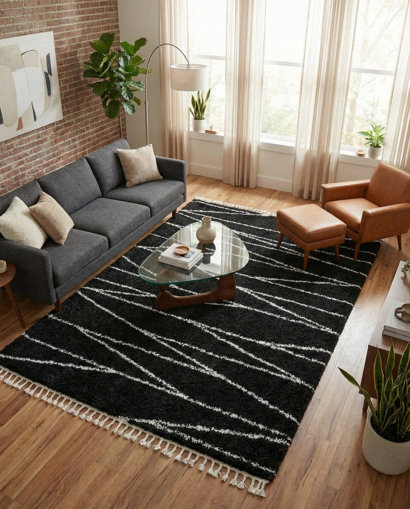 Tranquil Tides Shag Collection Area Rug -  Frost Rectangle Black and White  lifestyle 39