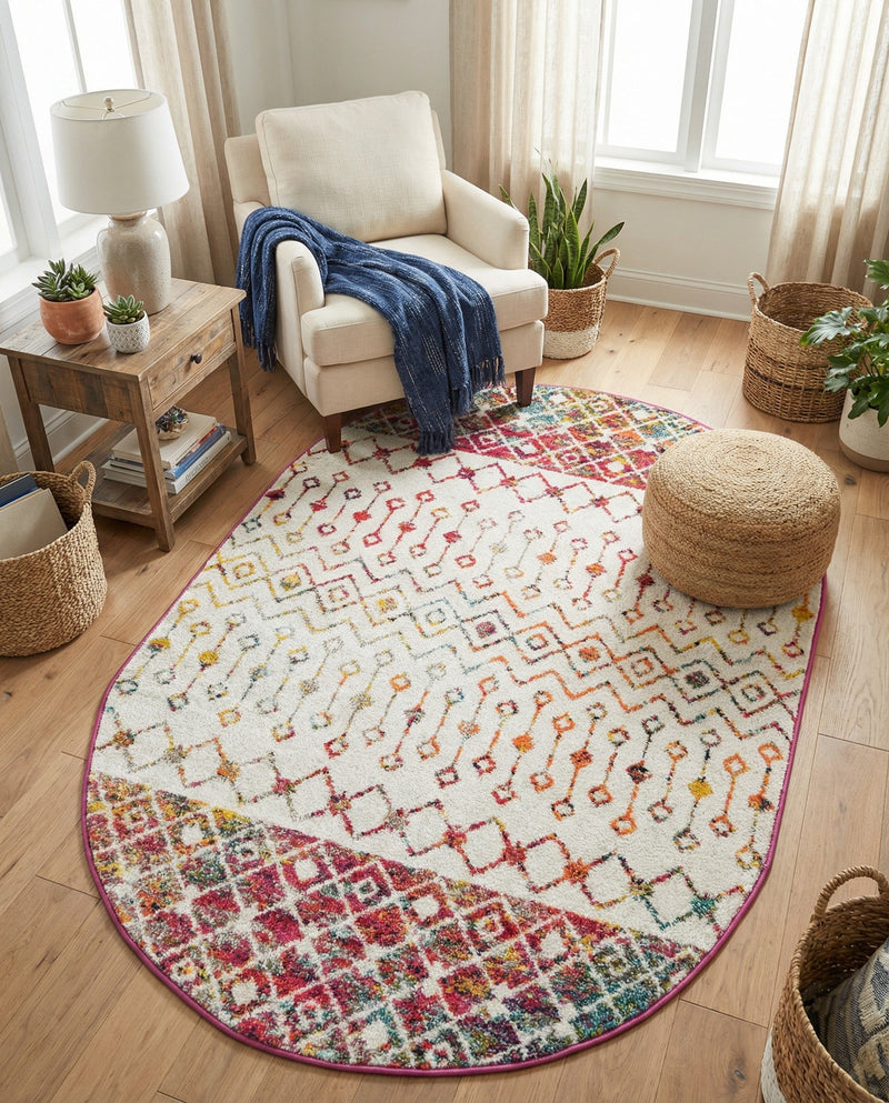 Mediterranean Lattice Collection Area Rug -  Casablanca (Ivory Multi) Oval Ivory Multi  lifestyle 32