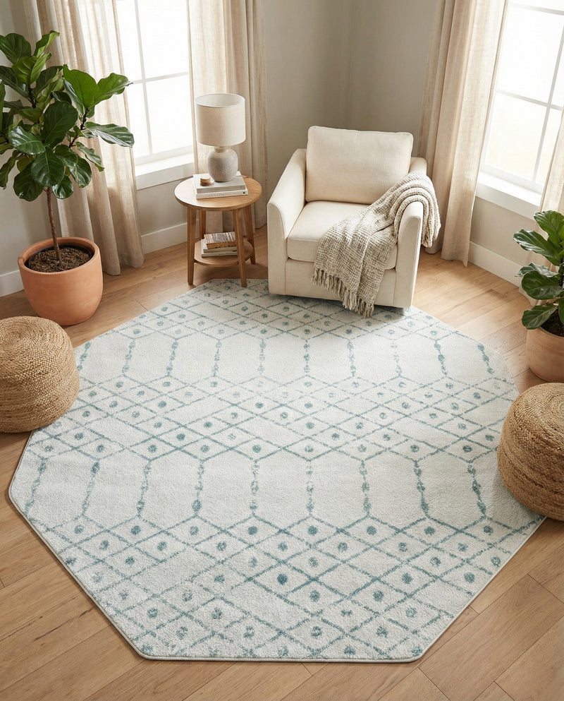 Marrakesh Lattice Collection Area Rug - Casablanca (Ivory Aqua) Octagon Ivory Aqua  lifestyle 78