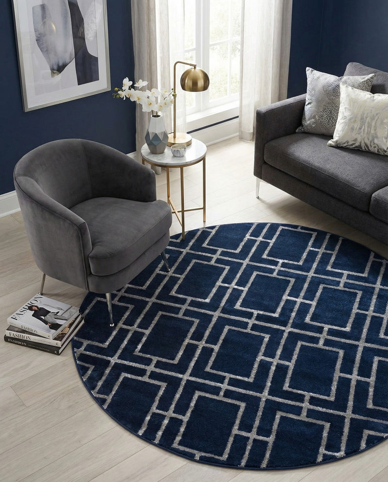 Hollywood Luxe Collection Area Rug -  Beverly (Navy Blue Silver) Round Navy Blue Silver  lifestyle 32