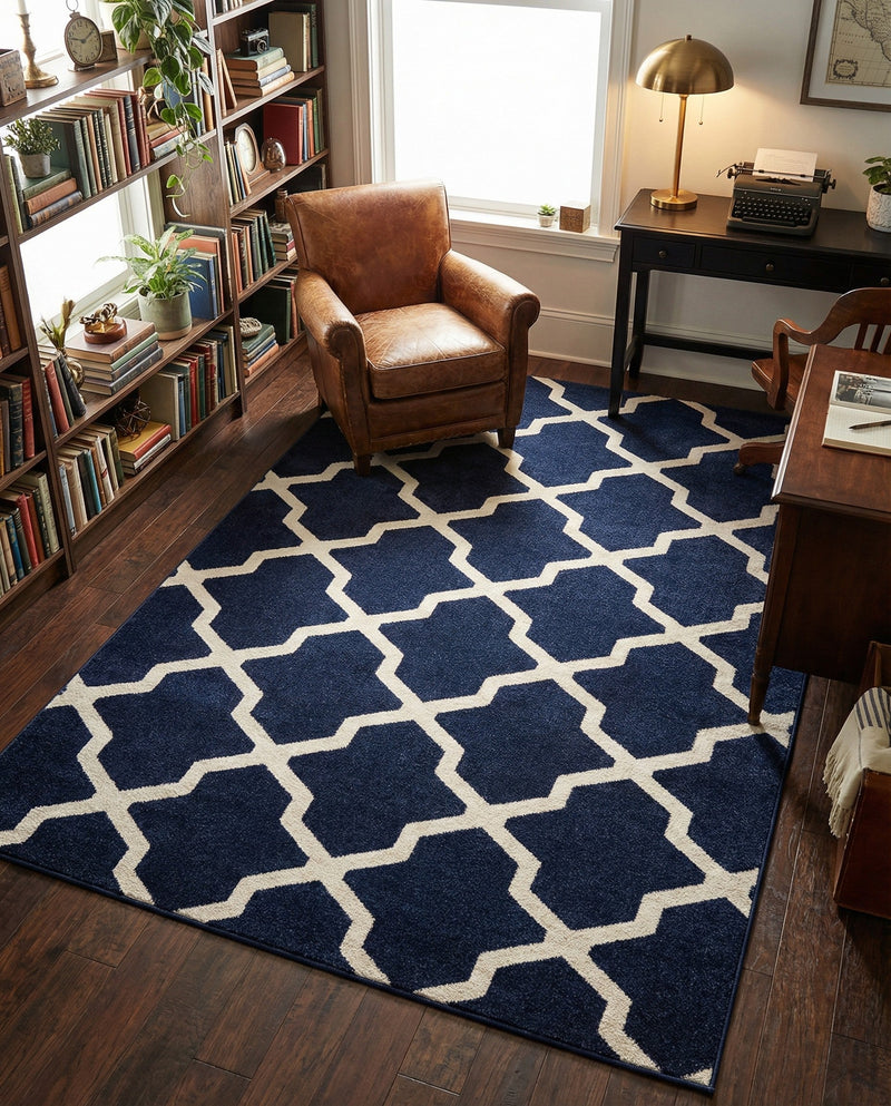 Lattice Gardens Collection Area Rug -  Floratown Rectangle Navy Blue  lifestyle 7