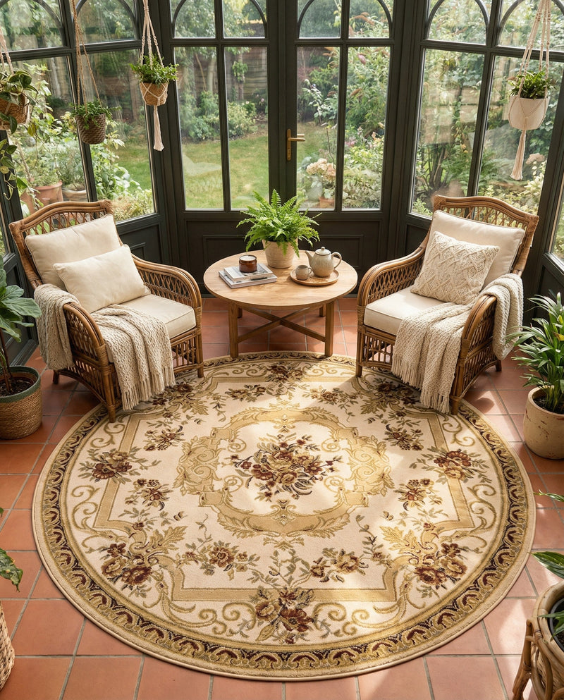 Versailles Elegance Collection Area Rug -  Louveciennes (Cream) Round Cream  lifestyle 93