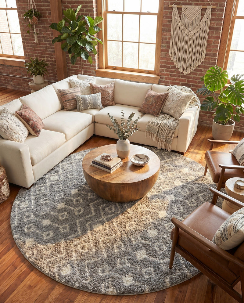 Berber Lattice Shag Collection Area Rug - Atlas (Gray) Round Gray  lifestyle 52
