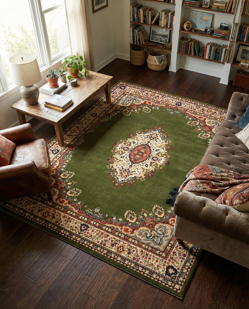 Tabriz Tapestry Collection Area Rug - Azerbaijan (Green) Rectangle Green  lifestyle 4