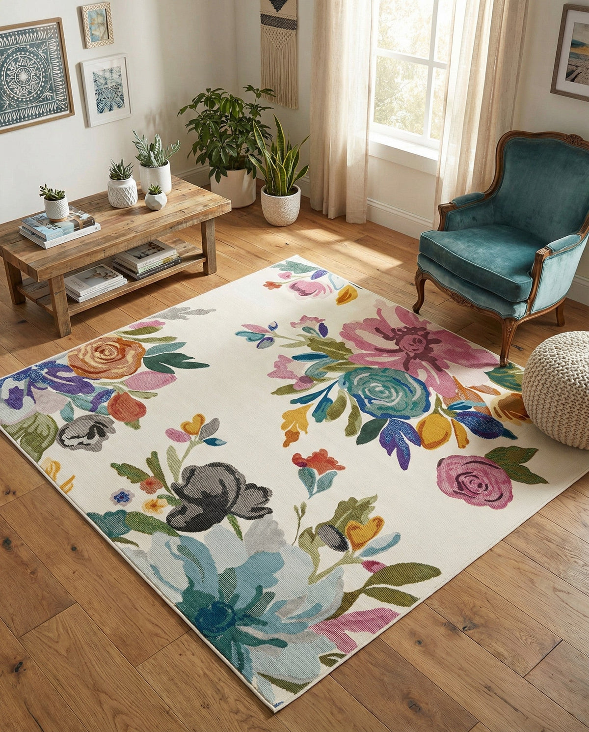 Meadow Breeze Collection Area Rug - Wildflower Square Ivory  lifestyle 82