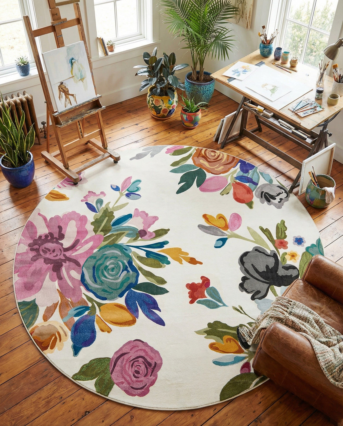 Meadow Breeze Collection Area Rug - Wildflower Round Ivory  lifestyle 147