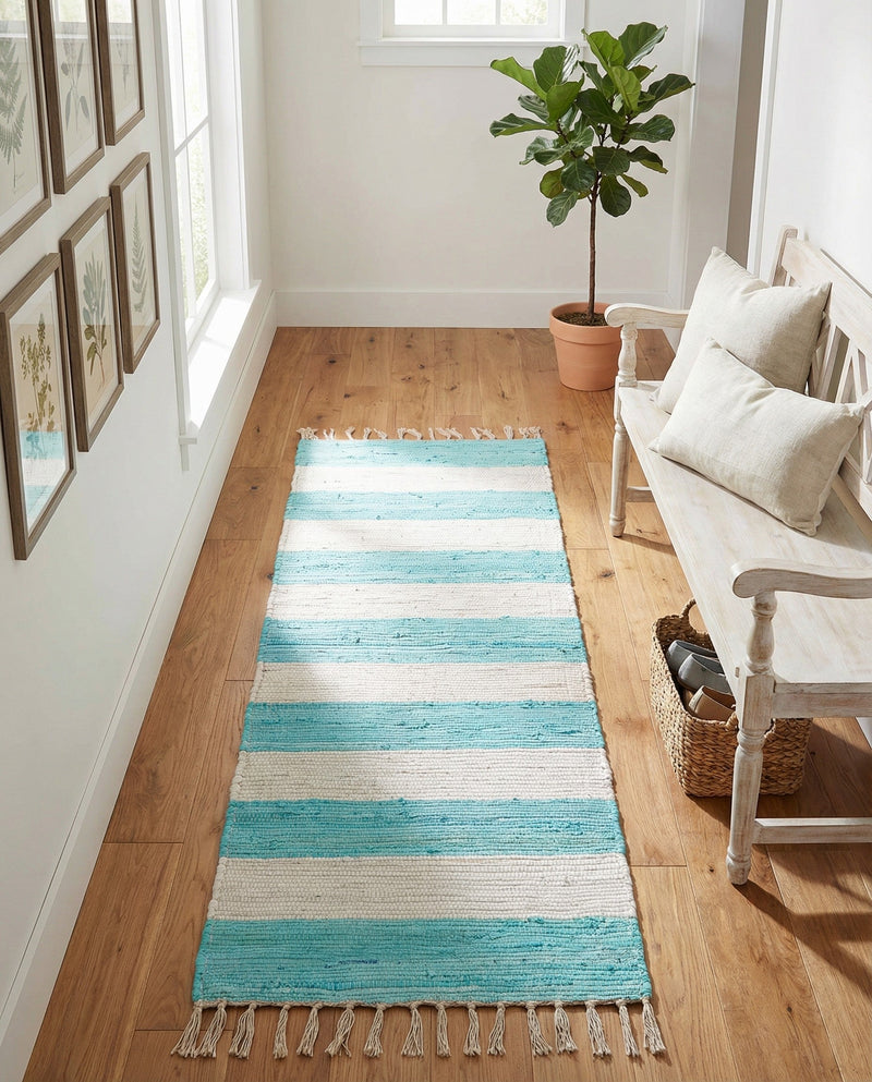 Tassel Trail Collection Area Rug - Pathway (Turquoise and Ivory) Runner Turquoise and Ivory  lifestyle 33