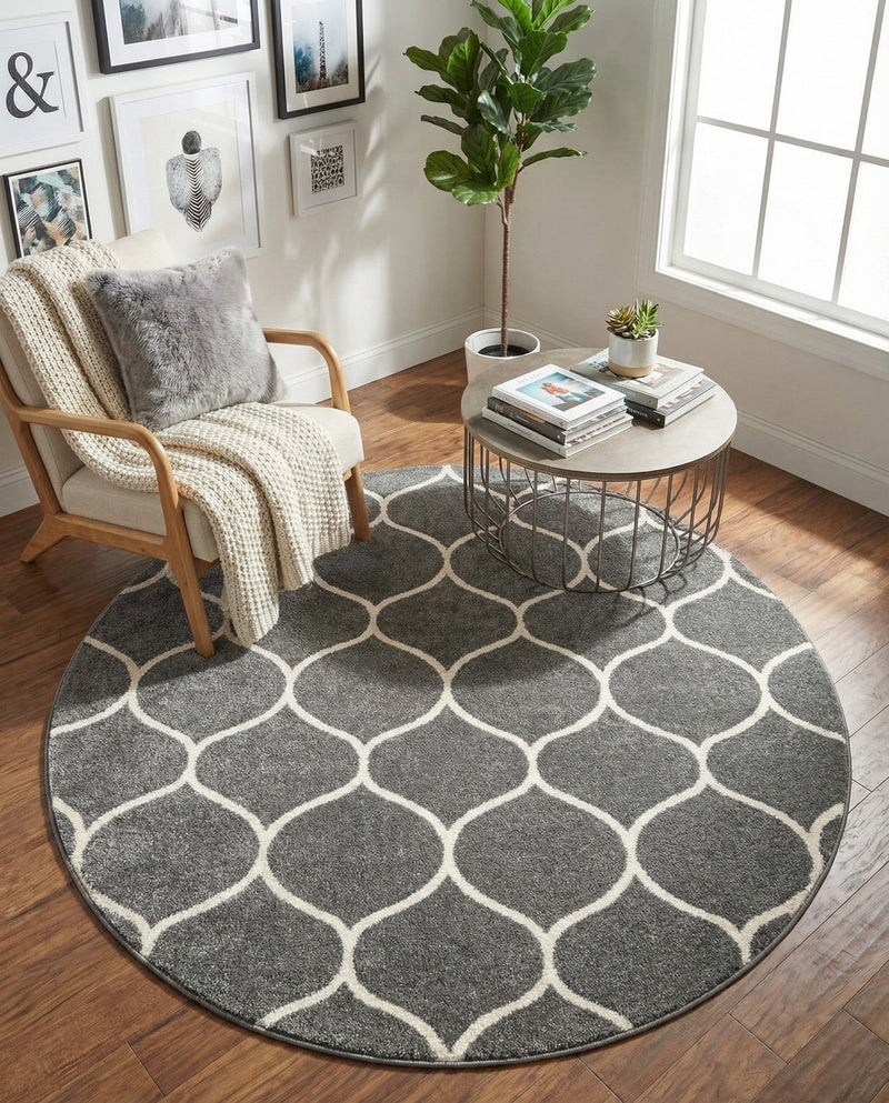 Trellis Mosaic Collection Area Rug -  Pergolatown (Dark Gray) Round Dark Gray  lifestyle 70