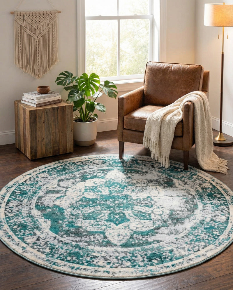 Riviera Elegance Collection Area Rug -  Menton (Turquoise) Round Turquoise  lifestyle 60