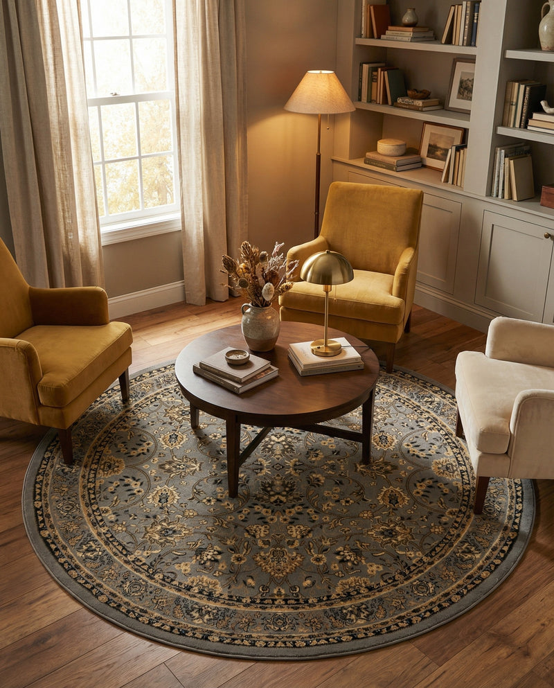 Isfahan Elegance Collection Area Rug - Naghsh-e Jahan (Gray) Round Gray  lifestyle 34