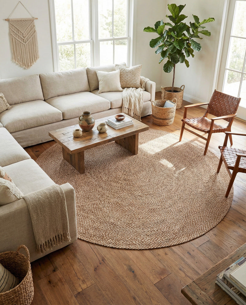 Highland Woven Jute Collection Area Rug - Glenmore (Light Brown) Round Light Brown  lifestyle 60