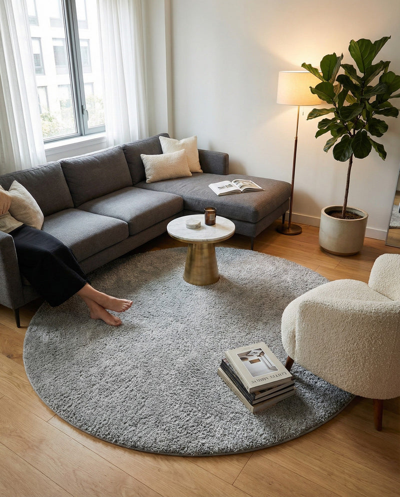 Cozy Comfort Shag Collection Area Rug - Haven (Cloud Gray) Round Cloud Gray  lifestyle 74