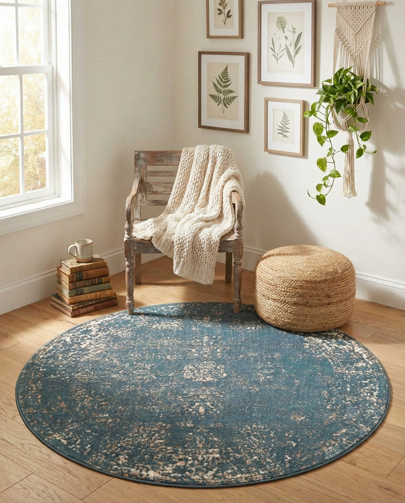 Riviera Elegance Collection Area Rug - Antibes (Blue) Round Blue  lifestyle 78