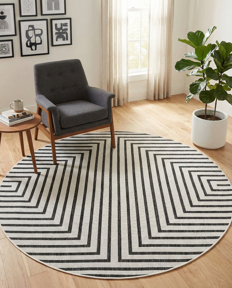 Urban Terrace Collection Area Rug -  Astoria (White and Black) Round White and Black  lifestyle 47