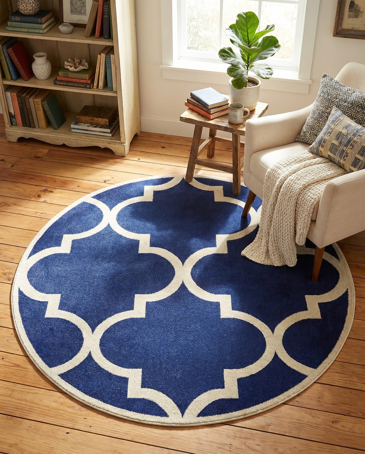 Lattice Gardens Collection Area Rug -  Espaliera Round Navy Blue  lifestyle 140
