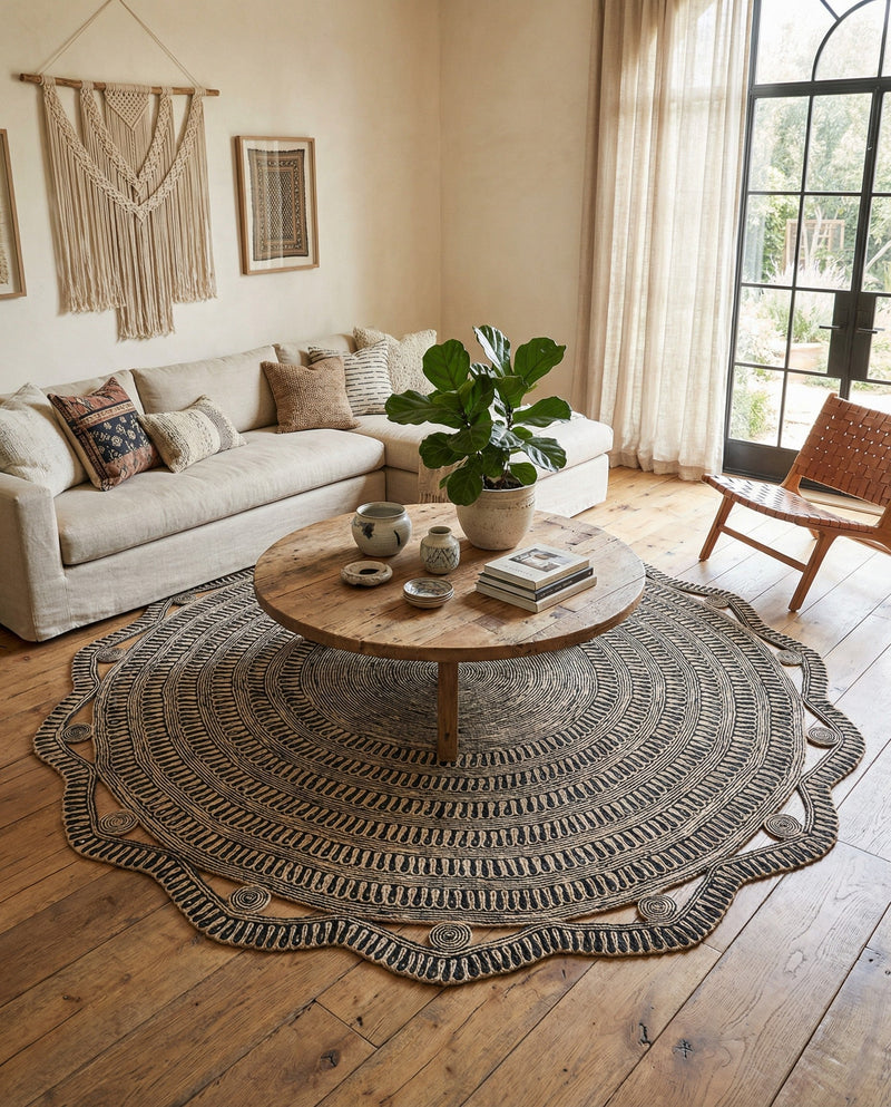 Woven Seaside Jute Collection Area Rug - Nantucket Round Black and White  lifestyle 45