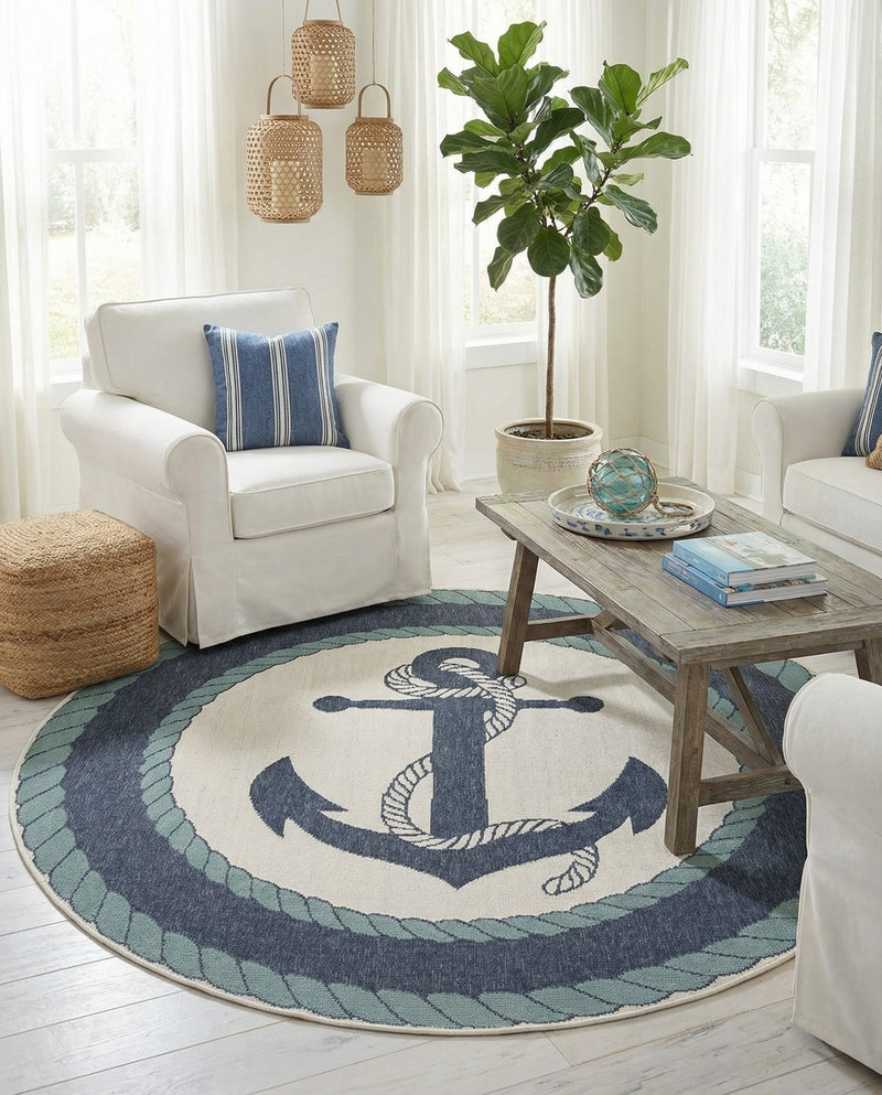 Seaside Haven Rugs Collection Area Rug -  Coralreef Round Navy Blue  lifestyle 67