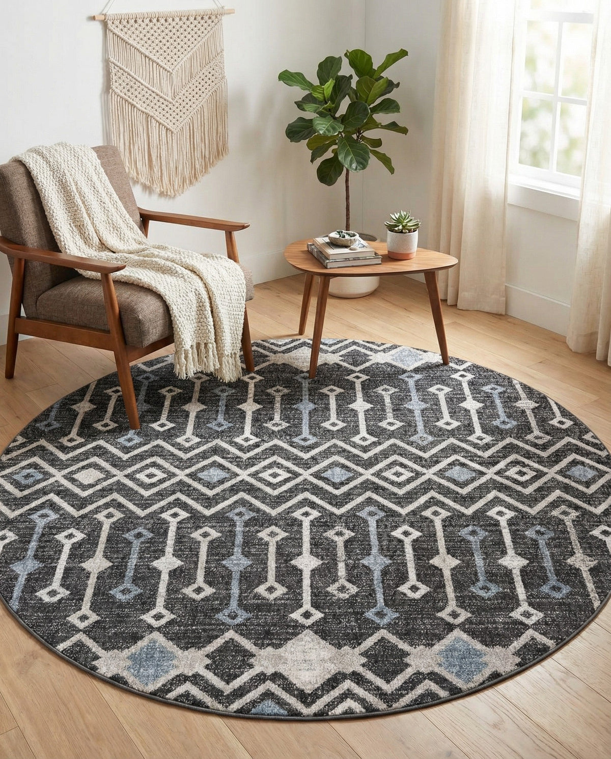 Geo Garden Lattice Collection Area Rug -  Andalusia Round Charcoal Gray  lifestyle 224