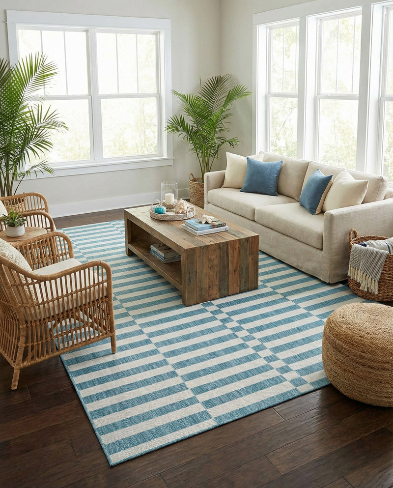 Seaside Stripes Collection Area Rug - Cabana (Light Aqua) Rectangle Light Aqua  lifestyle 12