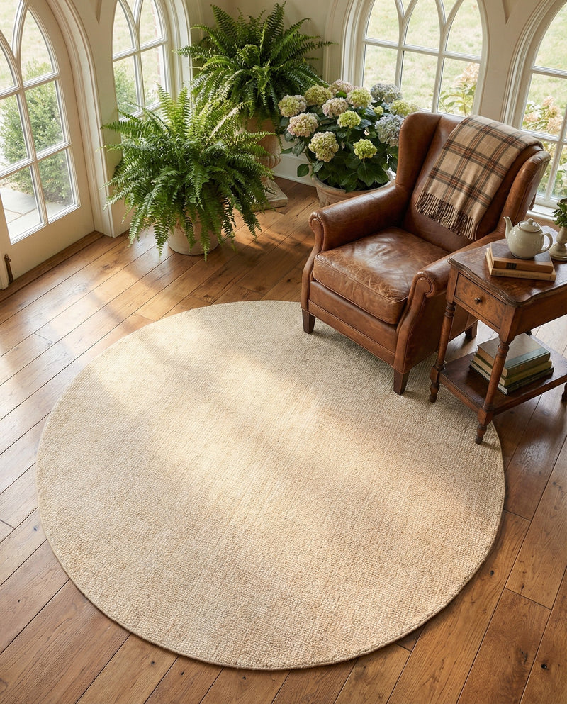 Berkshire Estate Collection Area Rug - Windsor (Oat Beige) Round Oat Beige  lifestyle 48