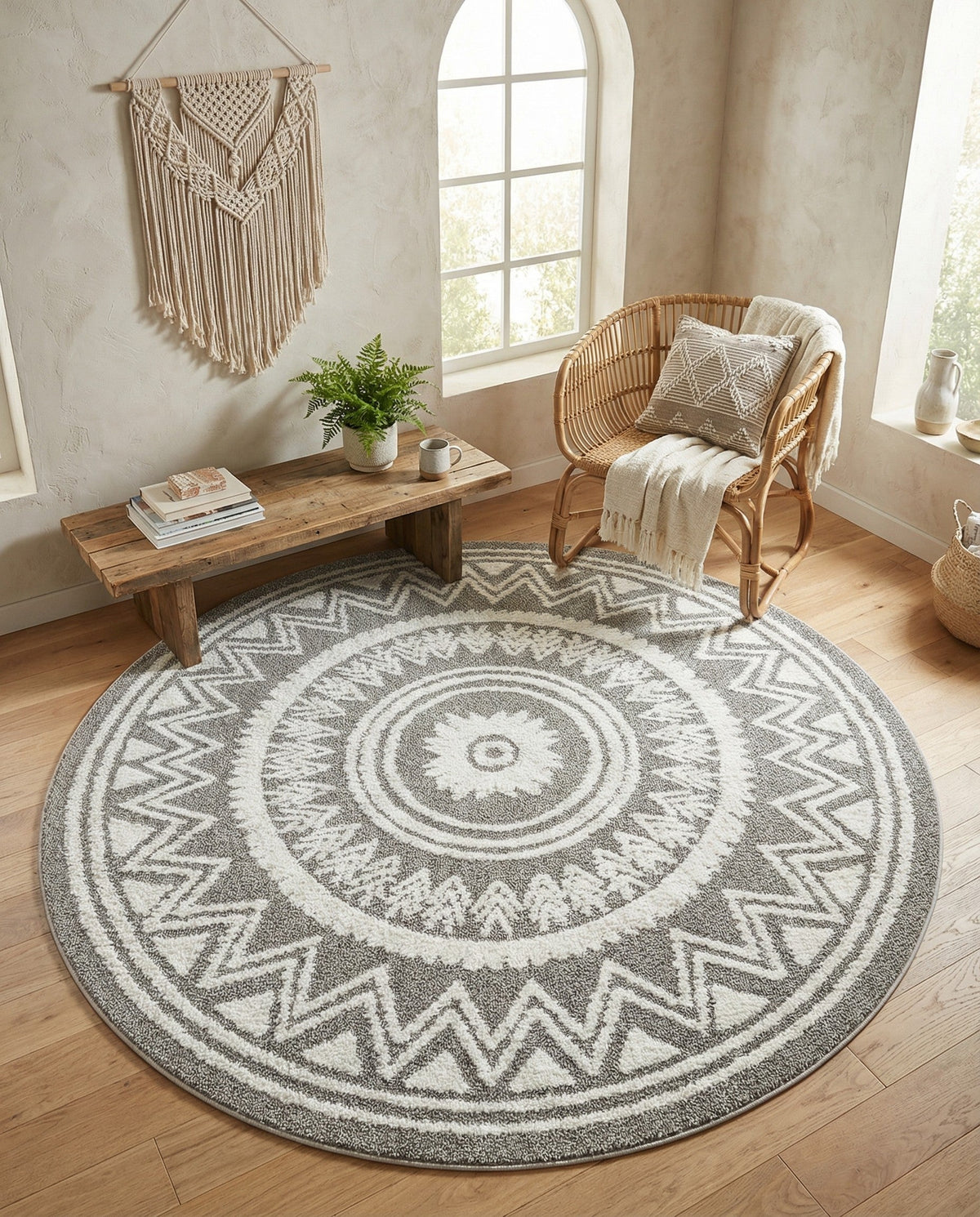 Sahara Chic Collection Area Rug -  Tangier Round Gray  lifestyle 190